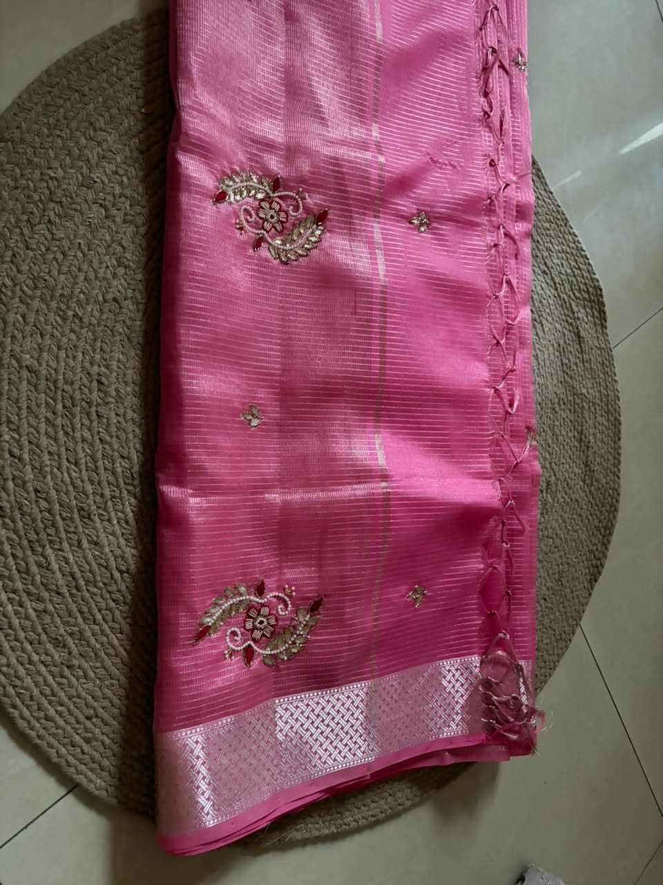 Zari Kota saree-coral pink