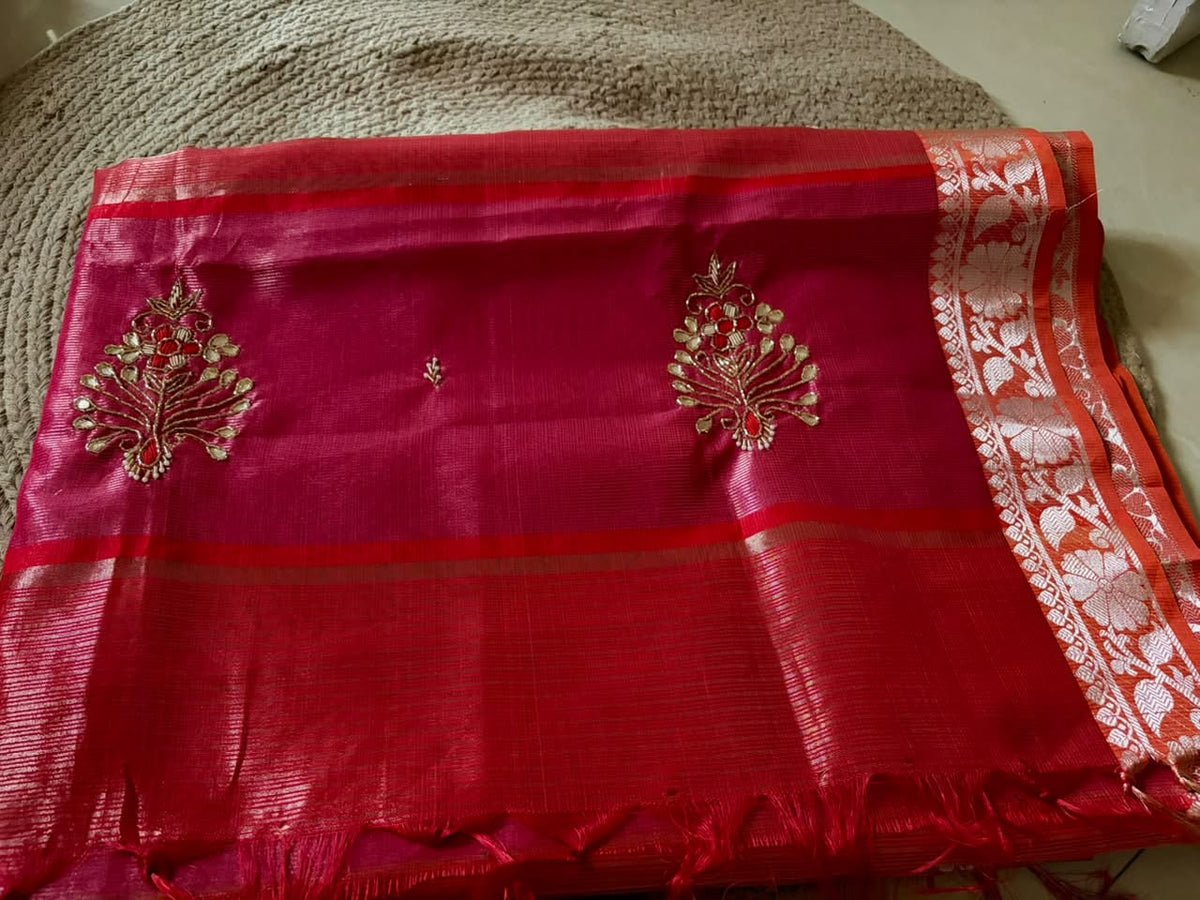 Zari Kota Saree- tomato red and magenta pink
