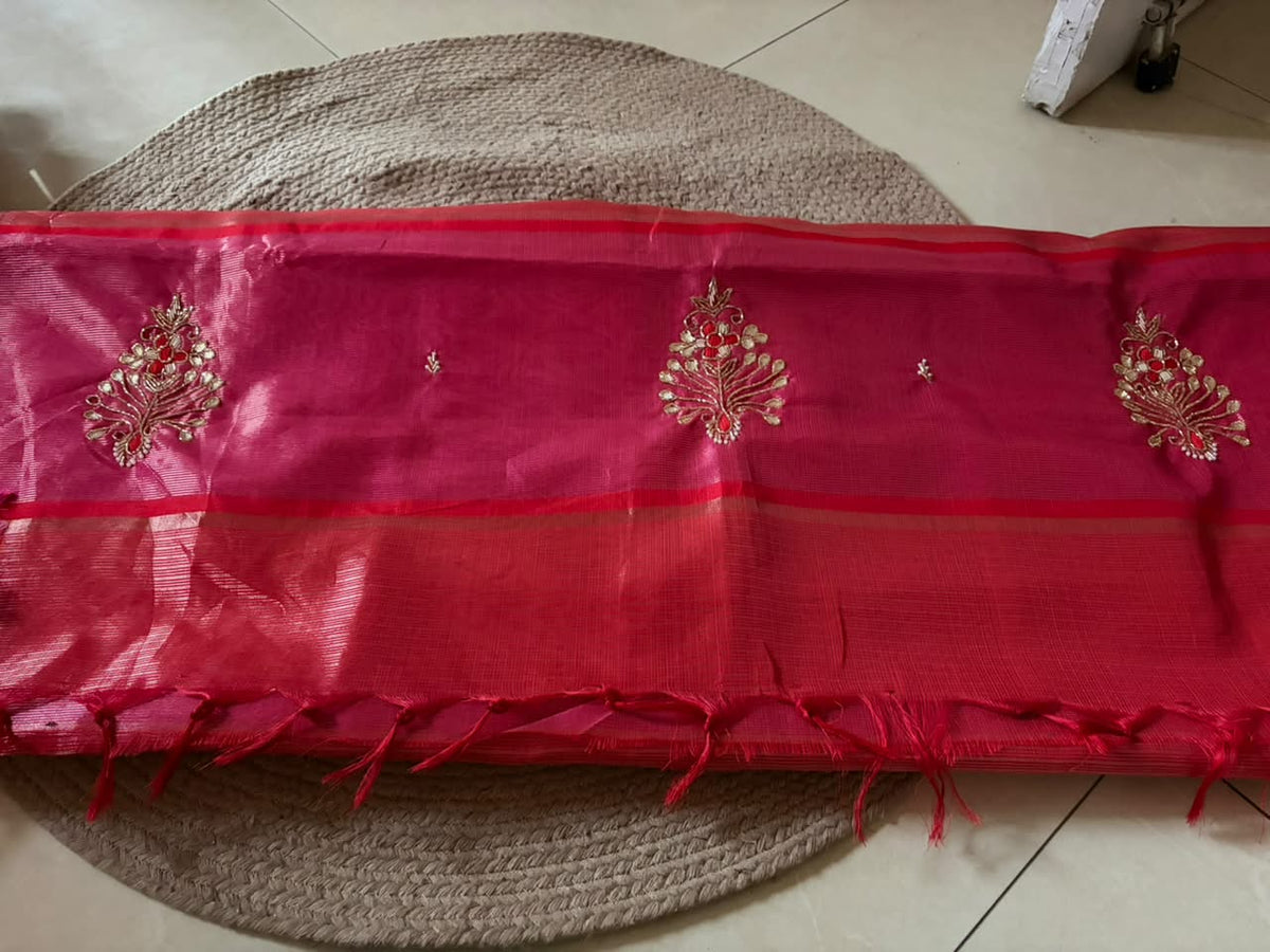 Zari Kota Saree- tomato red and magenta pink