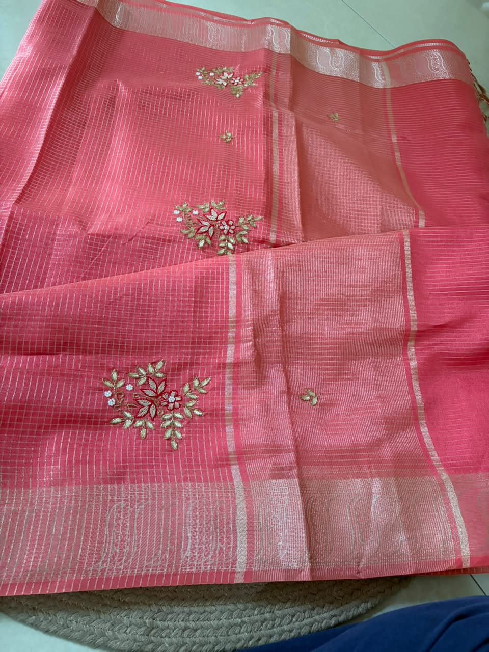 Zari Kota saree-coral pink
