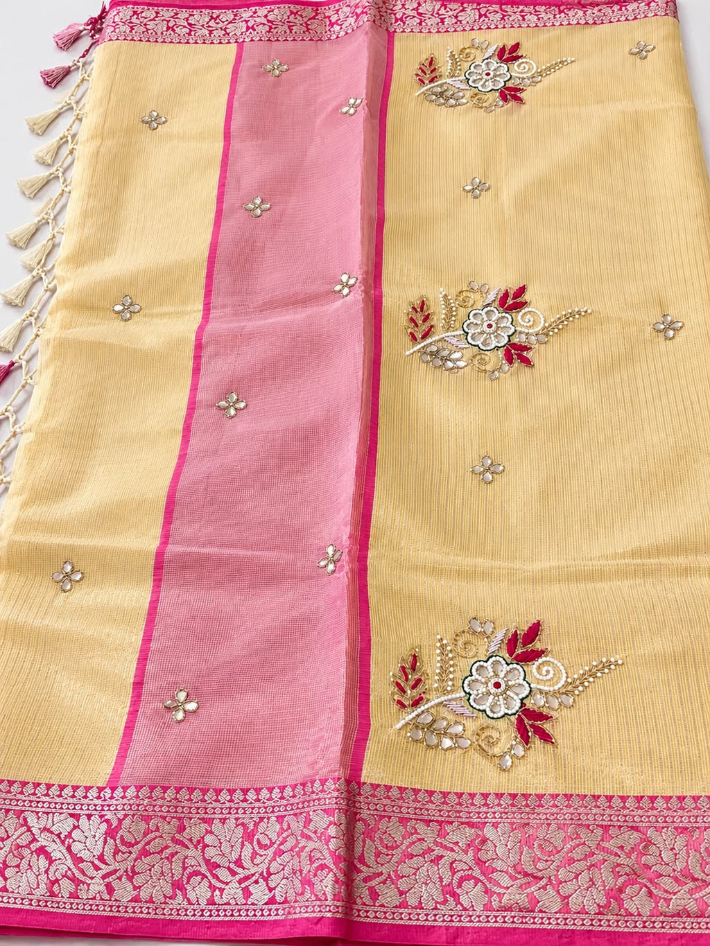 Zari Kota Saree-Yellow & Pink contrast